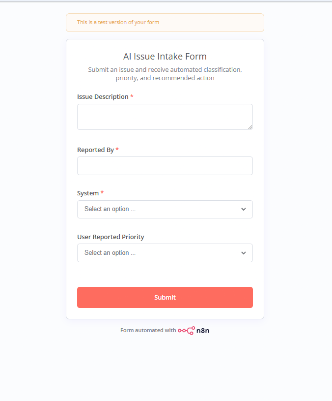 Defect intake form used to capture issue details.